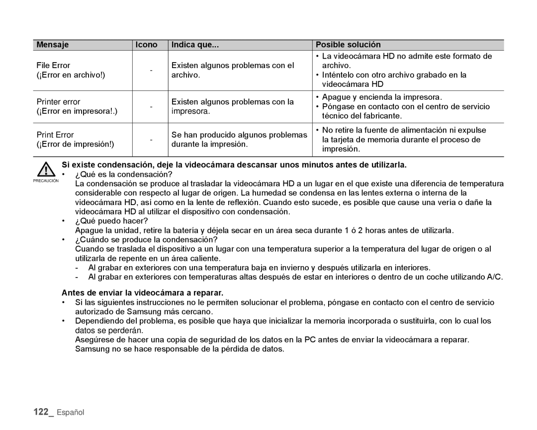 Samsung HMX-H106SN/XAA manual ¿Qué es la condensación?, Antes de enviar la videocámara a reparar 