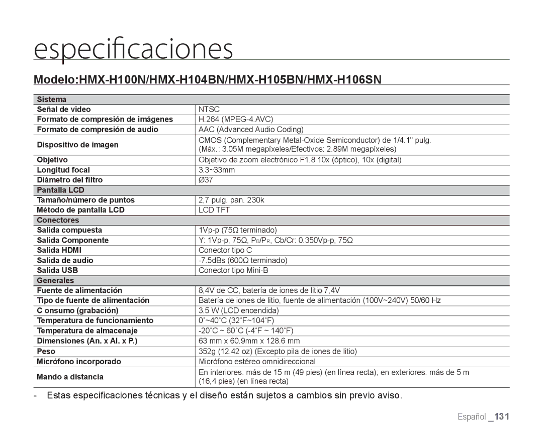 Samsung HMX-H106SN/XAA manual Especificaciones 