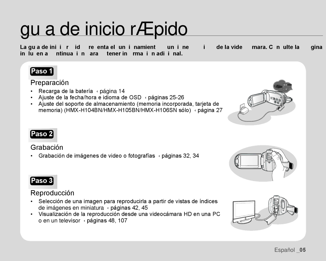 Samsung HMX-H106SN/XAA manual Guía de inicio rápido, Preparación, Grabación, Reproducción 