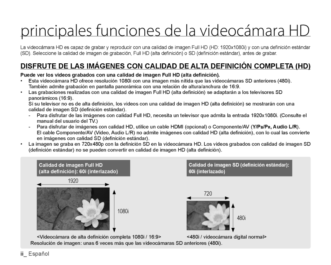 Samsung HMX-H106SN/XAA manual Principales funciones de la videocámara HD 