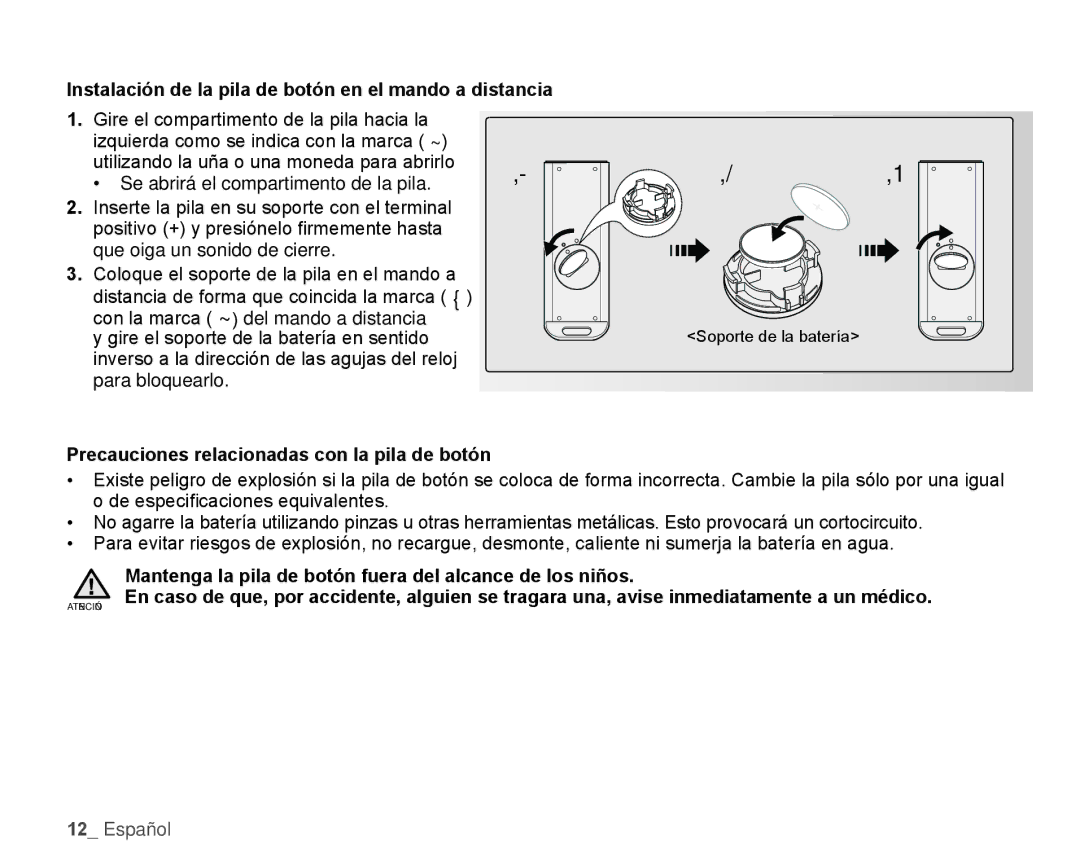 Samsung HMX-H106SN/XAA manual Instalación de la pila de botón en el mando a distancia 