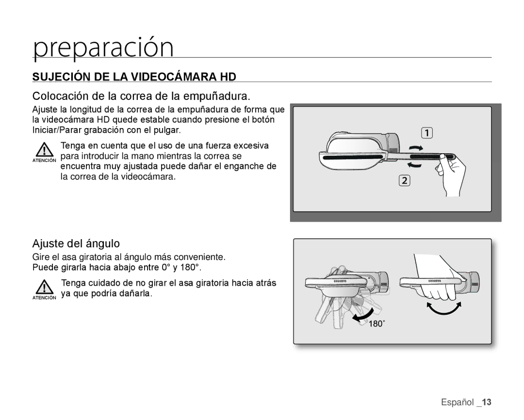 Samsung HMX-H106SN/XAA manual Sujeción DE LA Videocámara HD, Colocación de la correa de la empuñadura, Ajuste del ángulo 