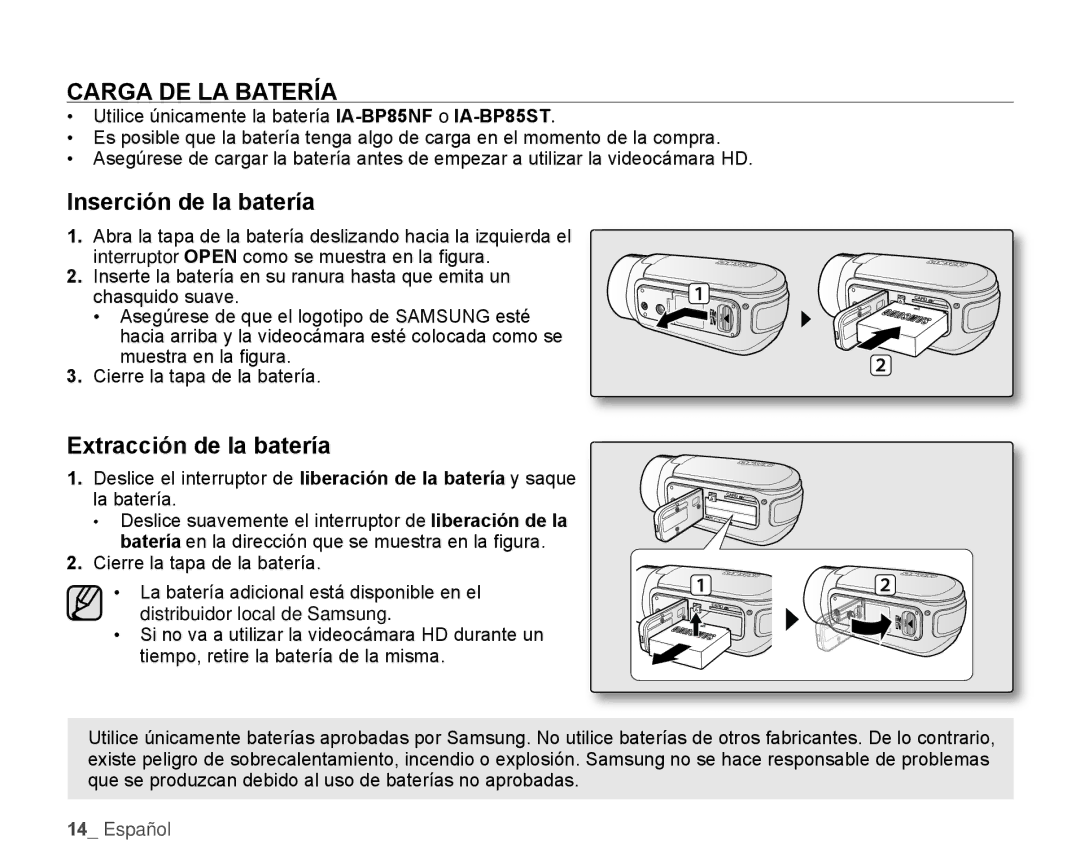 Samsung HMX-H106SN/XAA manual Carga DE LA Batería, Inserción de la batería 