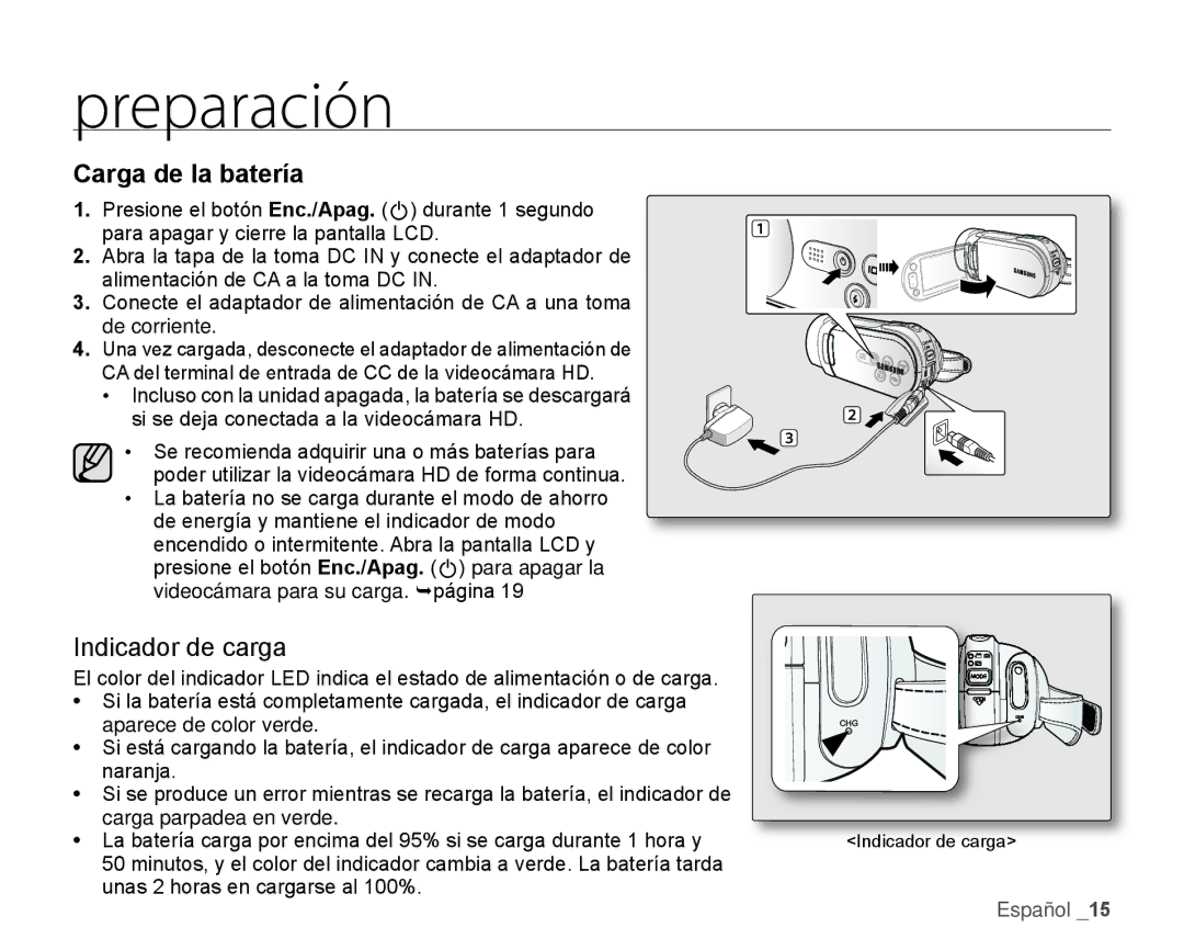 Samsung HMX-H106SN/XAA manual Carga de la batería, Indicador de carga 