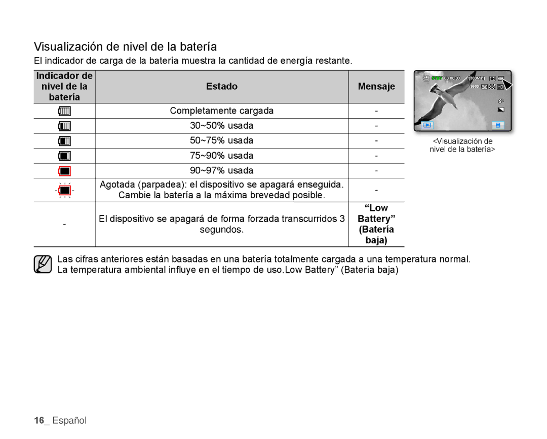 Samsung HMX-H106SN/XAA manual Visualización de nivel de la batería 