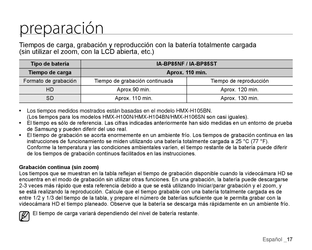 Samsung HMX-H106SN/XAA manual Tipo de batería, Grabación continua sin zoom, Tiempo de carga Aprox min 