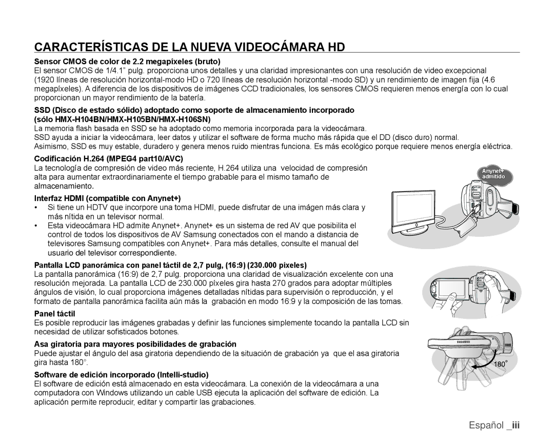 Samsung HMX-H106SN/XAA manual Características DE LA Nueva Videocámara HD 