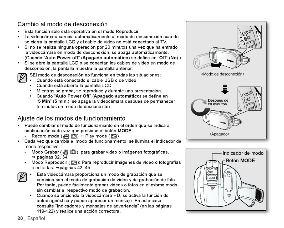 Samsung HMX-H106SN/XAA manual Cambio al modo de desconexión, Ajuste de los modos de funcionamiento 