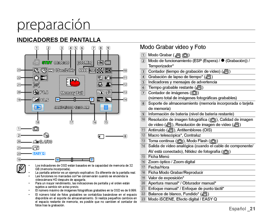 Samsung HMX-H106SN/XAA manual Indicadores DE Pantalla, Modo Grabar video y Foto 