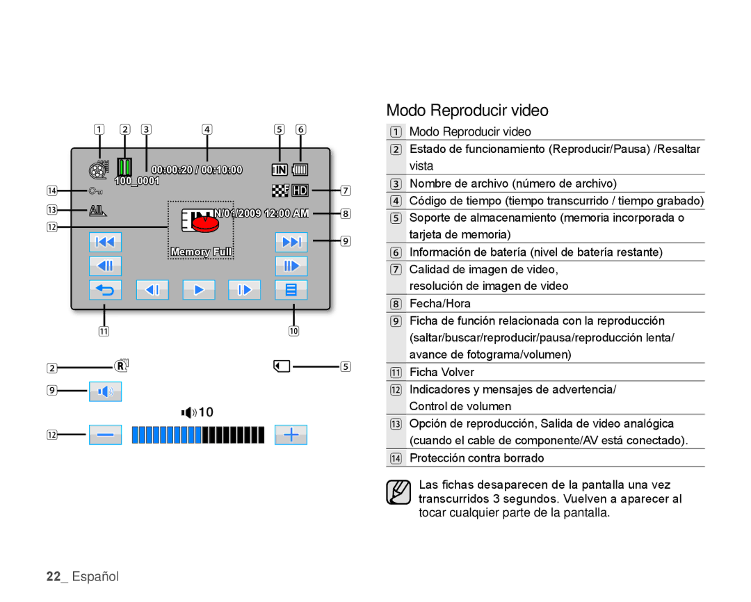 Samsung HMX-H106SN/XAA manual Modo Reproducir video, Nombre de archivo número de archivo 