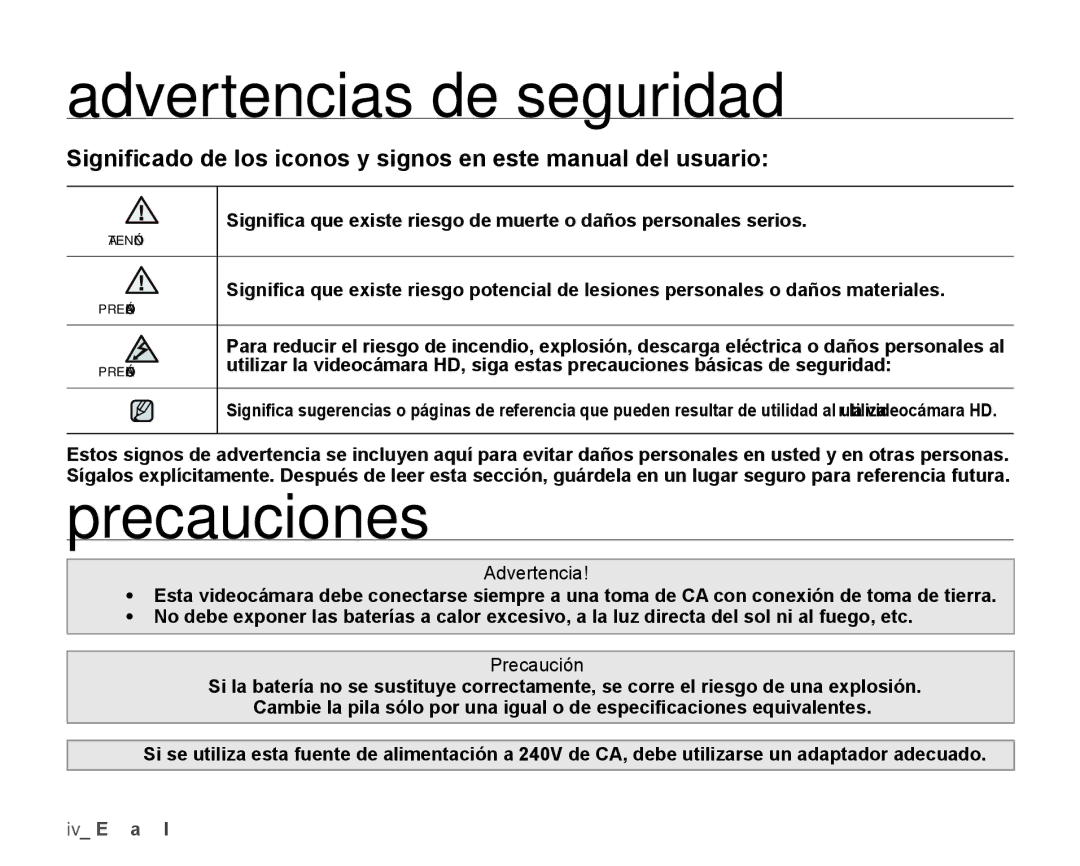 Samsung HMX-H106SN/XAA manual Advertencias de seguridad, Precauciones, Precaución 