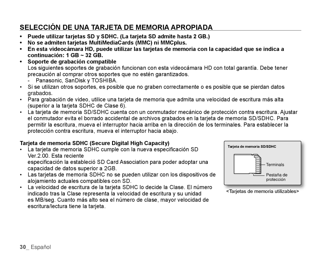 Samsung HMX-H106SN/XAA Selección DE UNA Tarjeta DE Memoria Apropiada, Tarjeta de memoria Sdhc Secure Digital High Capacity 