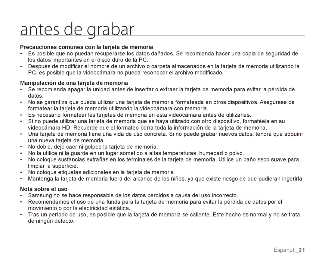 Samsung HMX-H106SN/XAA manual Precauciones comunes con la tarjeta de memoria, Manipulación de una tarjeta de memoria 