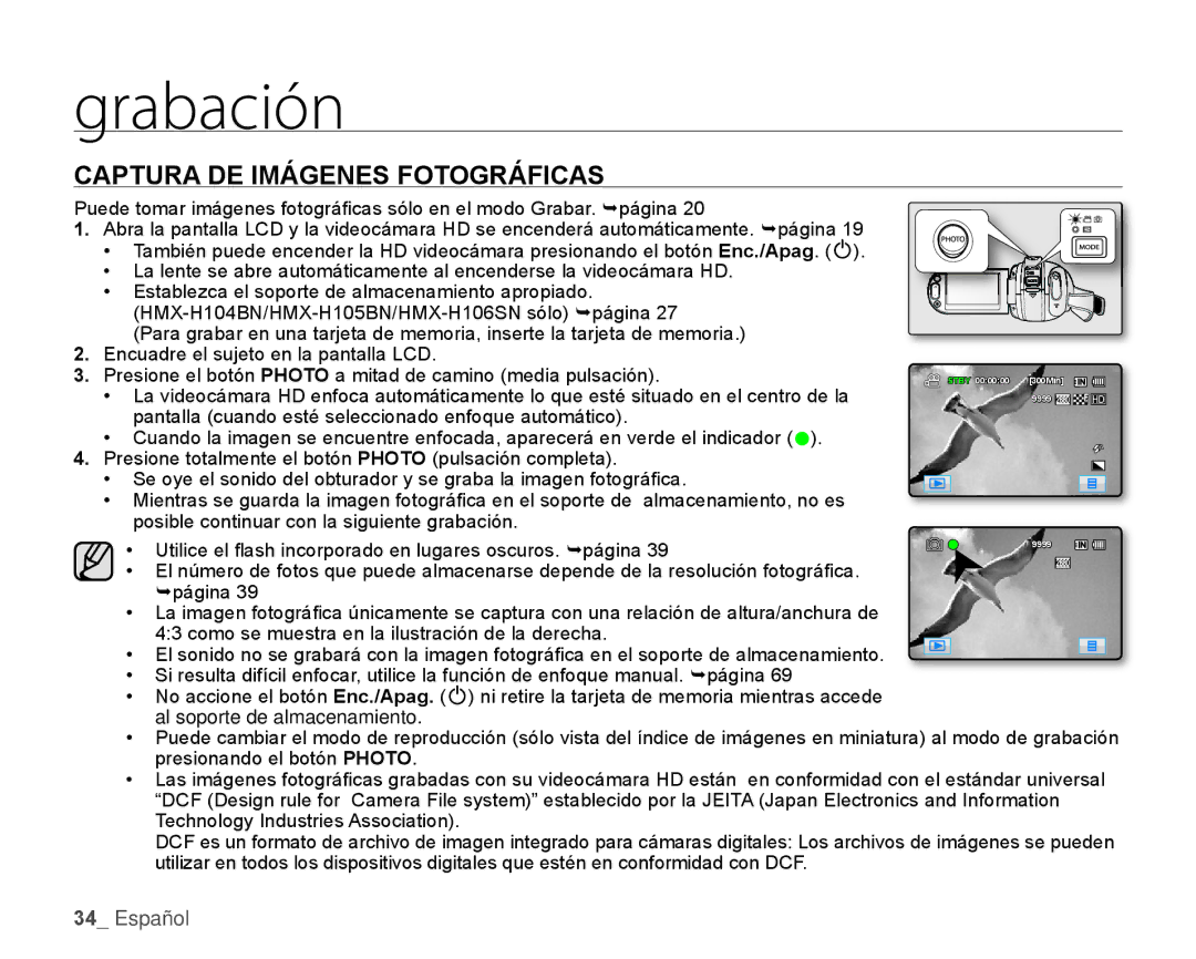 Samsung HMX-H106SN/XAA manual Captura DE Imágenes Fotográficas 