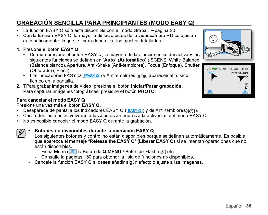 Samsung HMX-H106SN/XAA manual Grabación Sencilla Para Principiantes Modo Easy Q, Para cancelar el modo Easy Q 