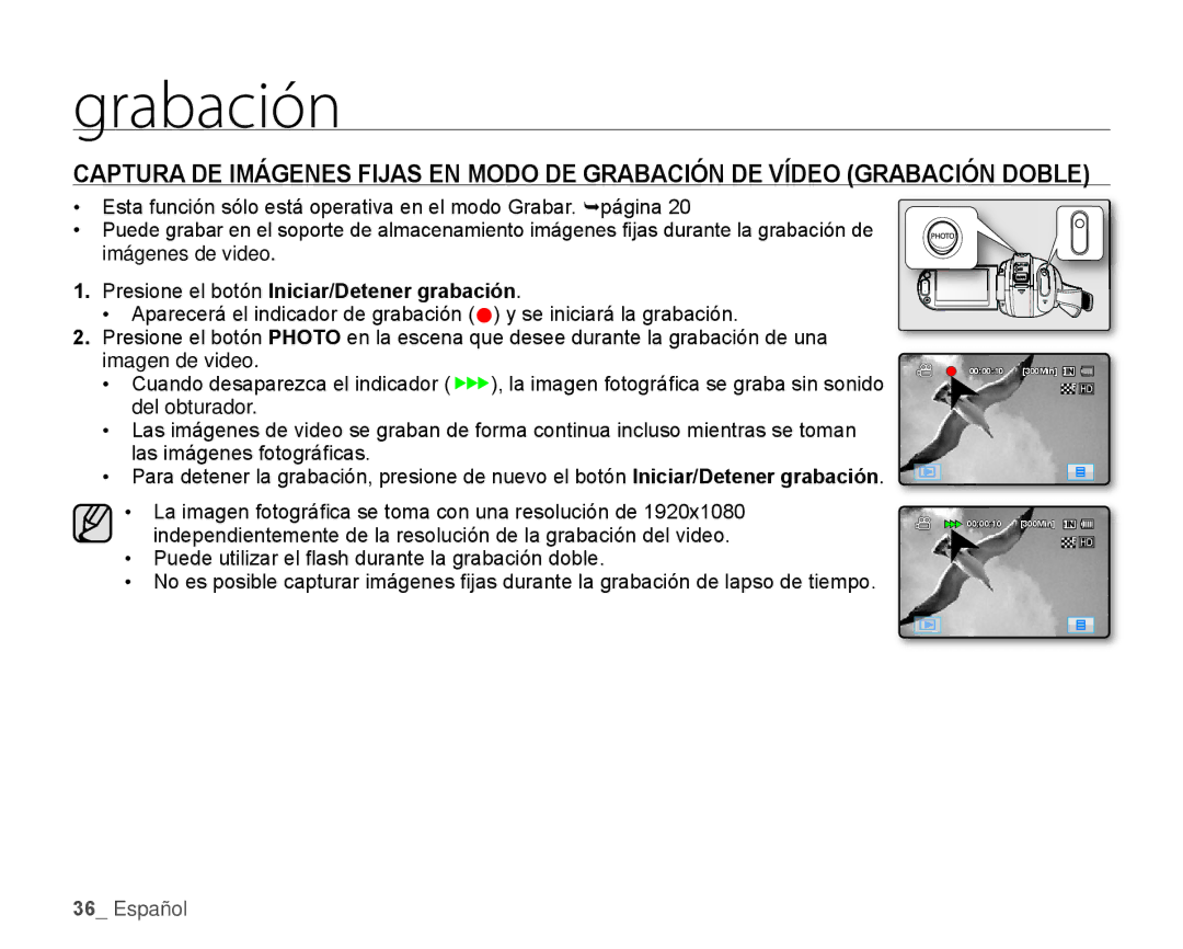 Samsung HMX-H106SN/XAA manual Presione el botón Iniciar/Detener grabación 