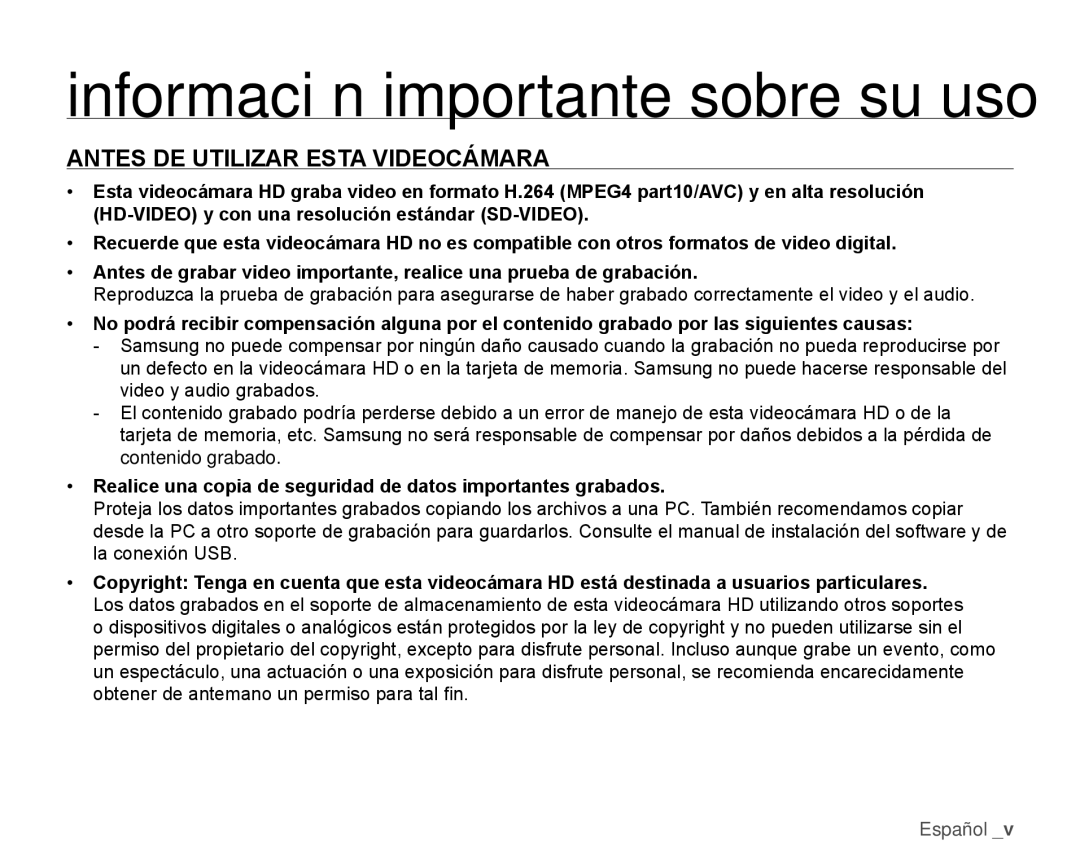 Samsung HMX-H106SN/XAA manual Información importante sobre su uso, Antes DE Utilizar Esta Videocámara 