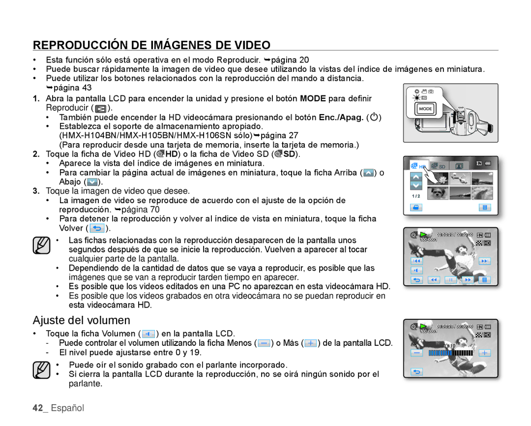 Samsung HMX-H106SN/XAA manual Reproducción DE Imágenes DE Video, Ajuste del volumen 