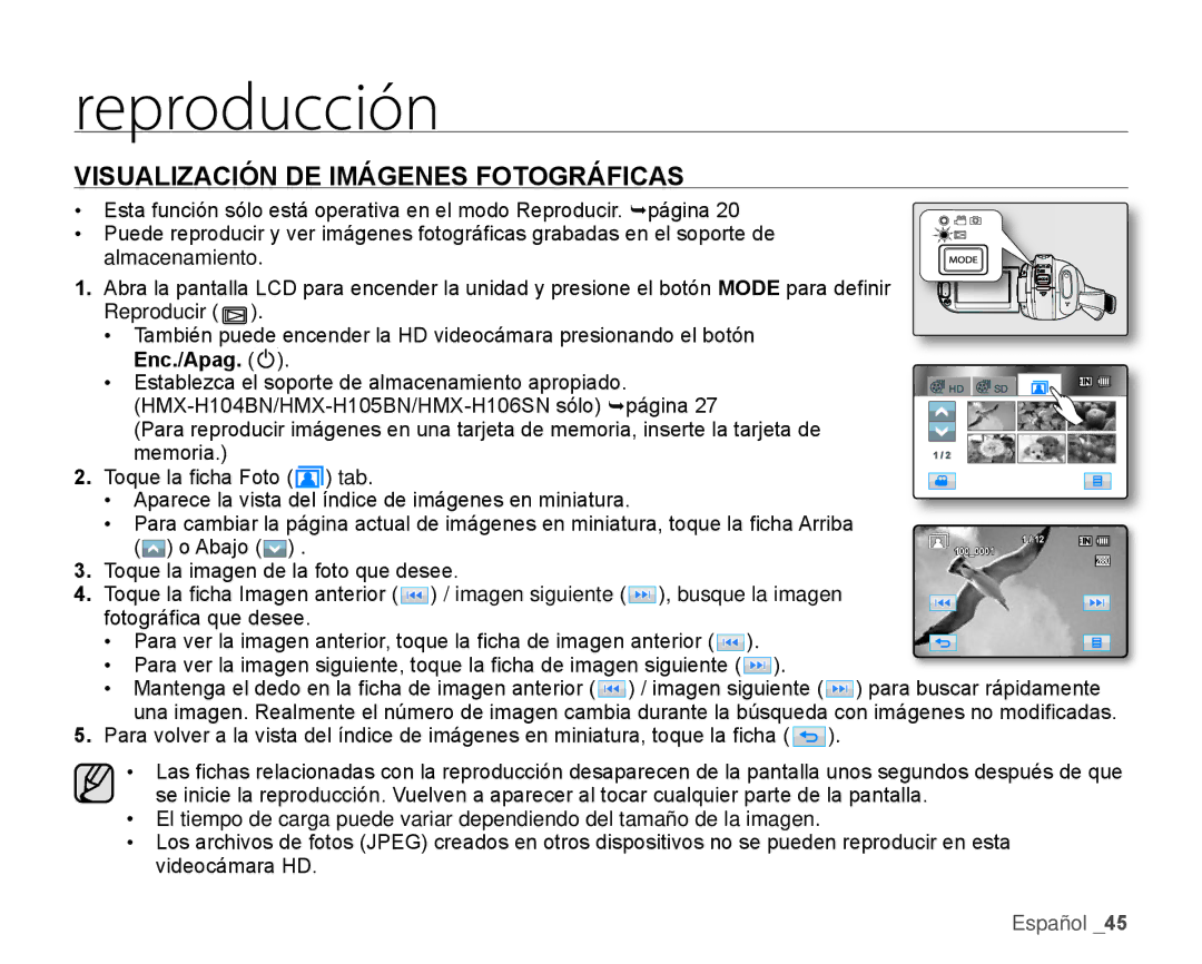 Samsung HMX-H106SN/XAA manual Visualización DE Imágenes Fotográficas 