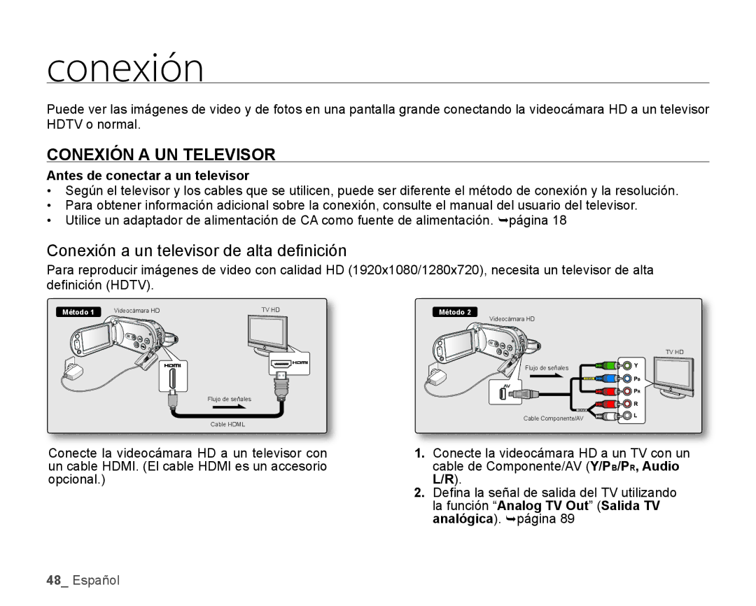 Samsung HMX-H106SN/XAA manual Conexión a UN Televisor, Conexión a un televisor de alta deﬁ nición 