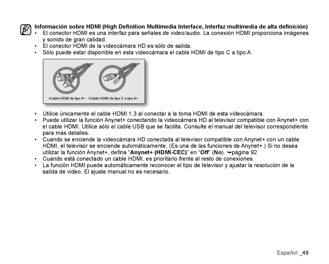 Samsung HMX-H106SN/XAA manual Cable Hdmi de tipo a Cable Hdmi de tipo C a tipo a 