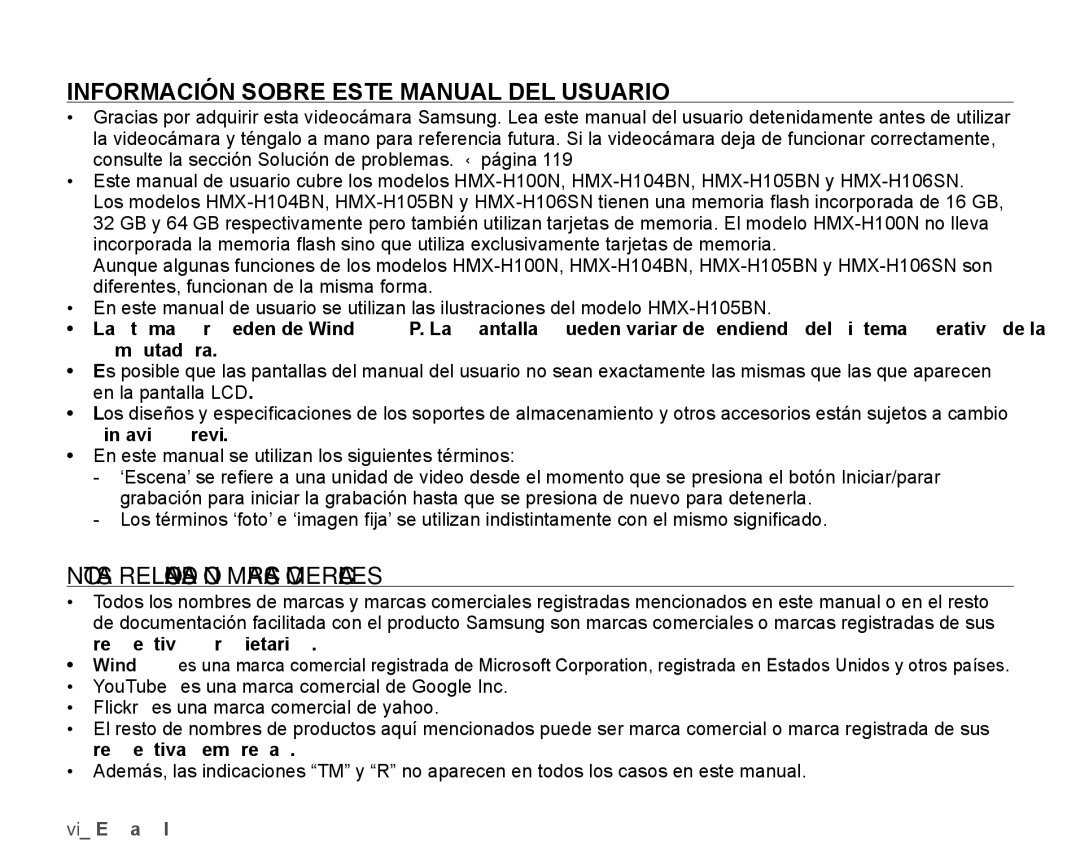 Samsung HMX-H106SN/XAA manual Información Sobre Este Manual DEL Usuario, Notas Relacionadas CON Marcas Comerciales 