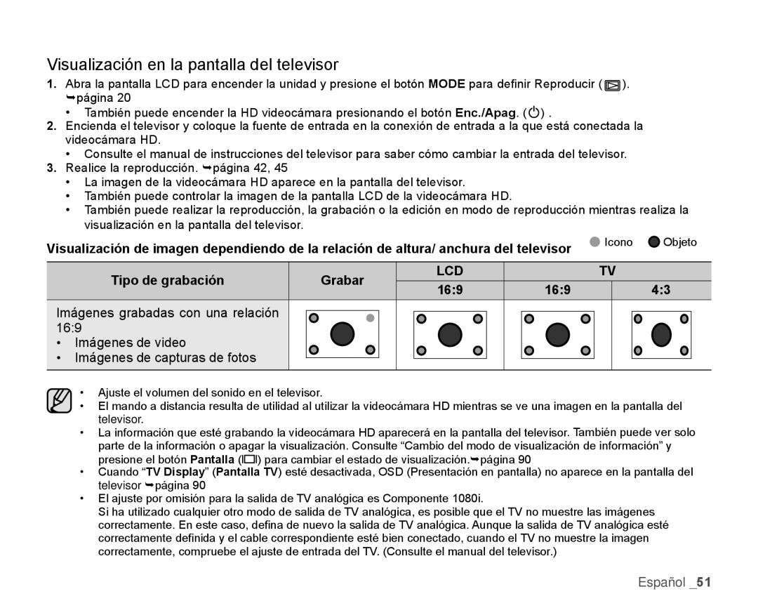 Samsung HMX-H106SN/XAA manual Visualización en la pantalla del televisor, Tipo de grabación Grabar, 169, Icono Objeto 