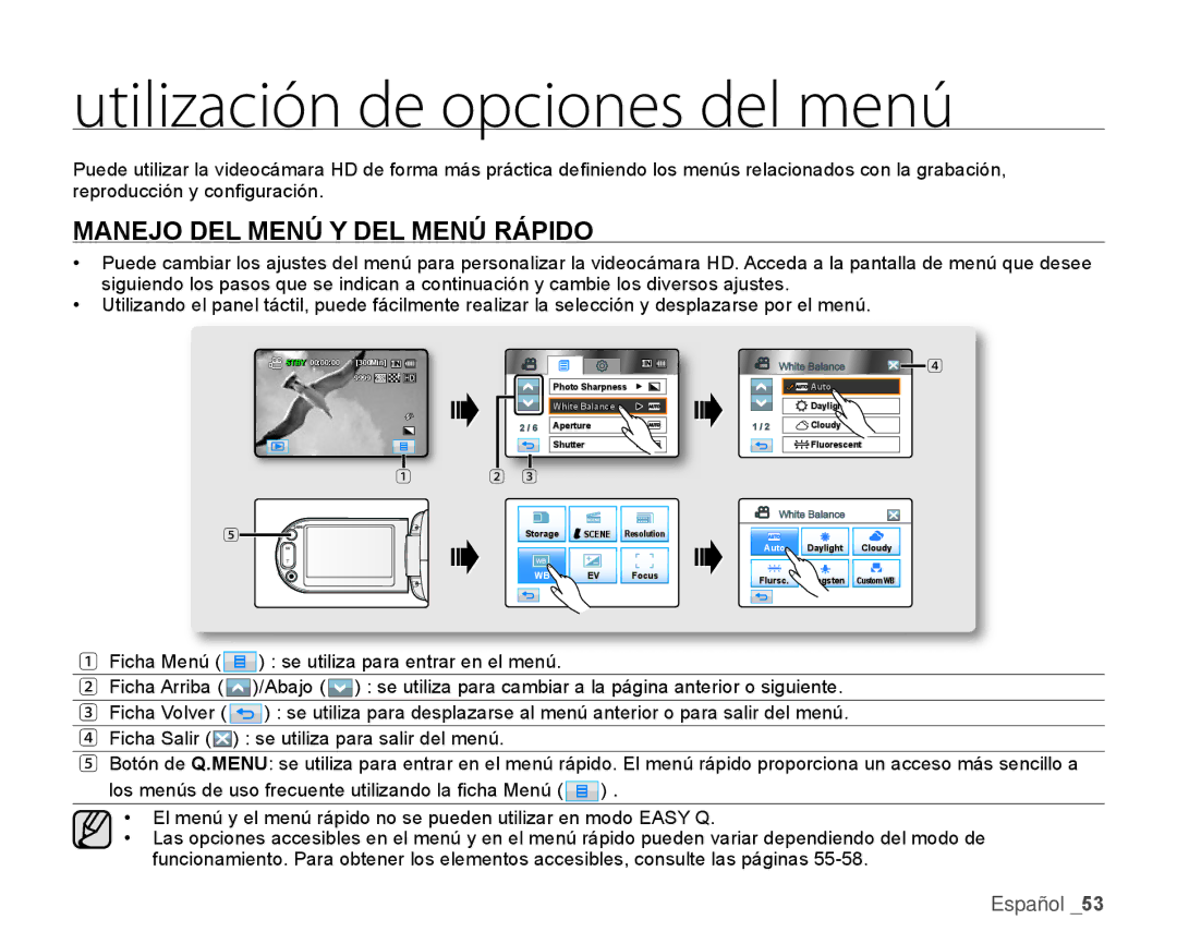 Samsung HMX-H106SN/XAA manual Utilización de opciones del menú, Manejo DEL Menú Y DEL Menú Rápido 