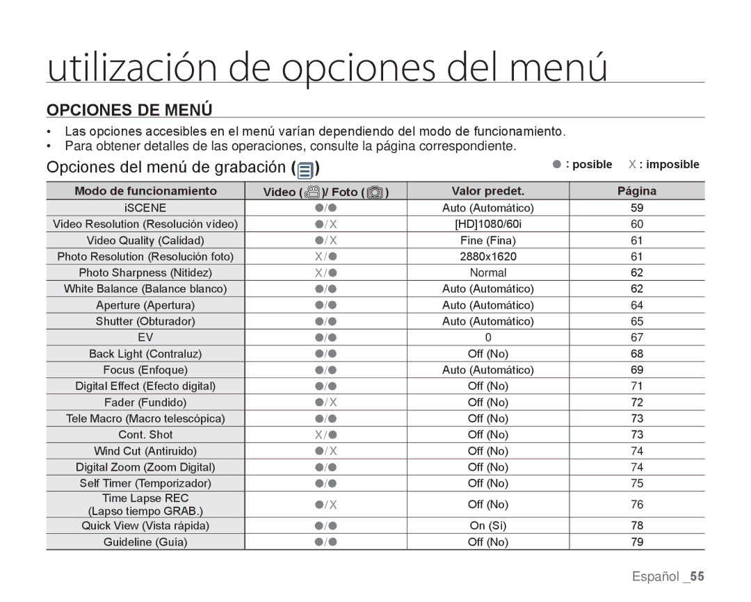 Samsung HMX-H106SN/XAA manual Opciones DE Menú, Opciones del menú de grabación 