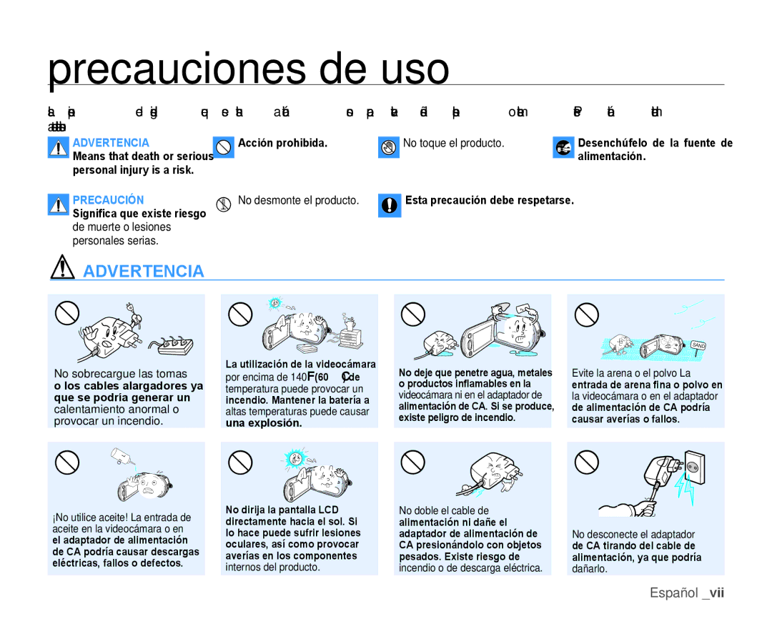 Samsung HMX-H106SN/XAA manual Precauciones de uso, Precaución 