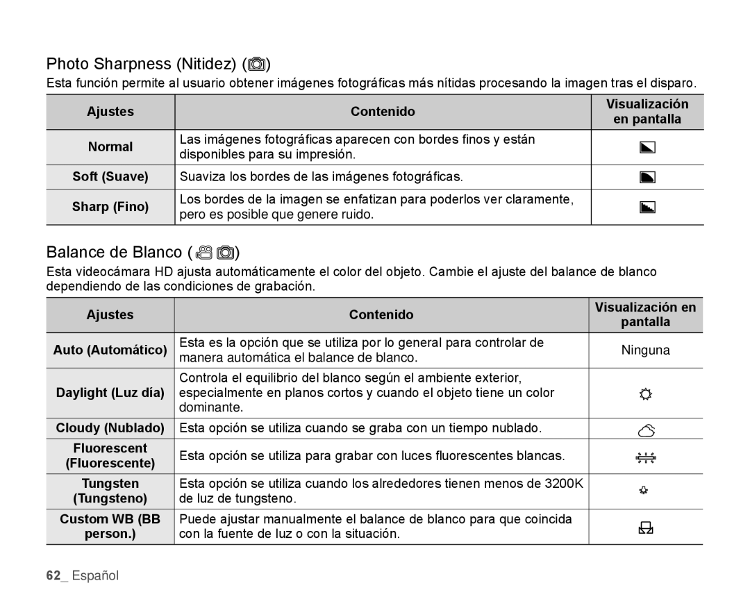 Samsung HMX-H106SN/XAA manual Photo Sharpness Nitidez, Balance de Blanco, Ajustes Contenido Visualización 