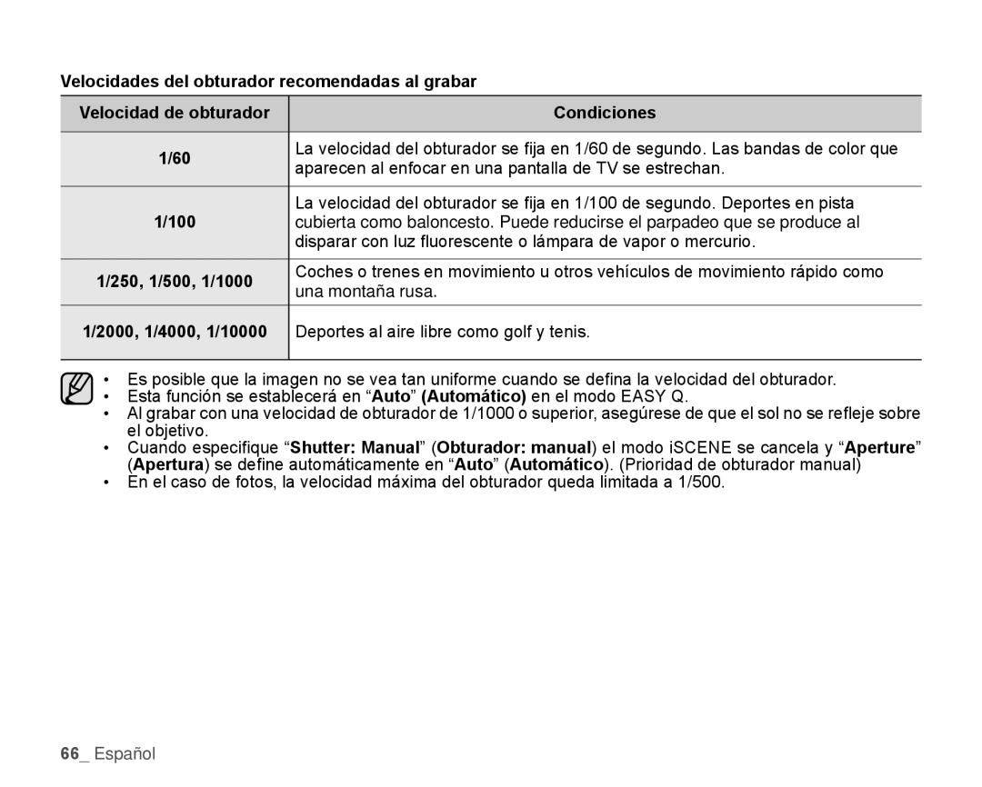 Samsung HMX-H106SN/XAA manual 250, 1/500, 1/1000, 2000, 1/4000, 1/10000 