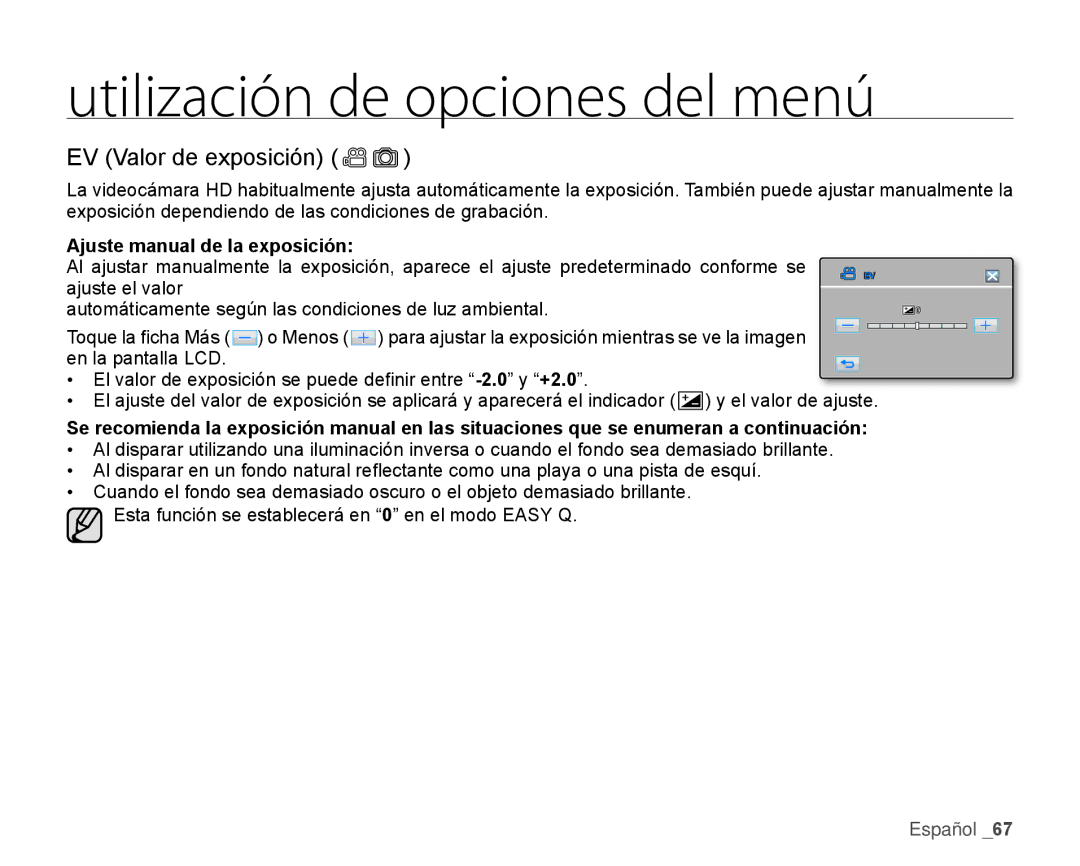 Samsung HMX-H106SN/XAA EV Valor de exposición, Ajuste manual de la eposición 