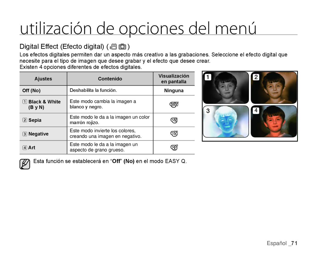 Samsung HMX-H106SN/XAA manual Digital Effect Efecto digital, Black & White, Sepia, Negative, Art 