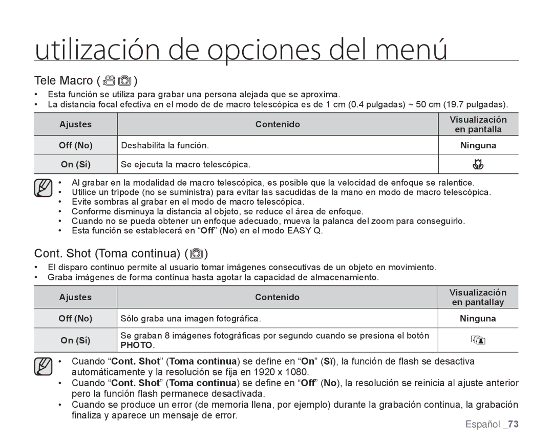 Samsung HMX-H106SN/XAA manual Tele Macro, Cont. Shot Toma continua 