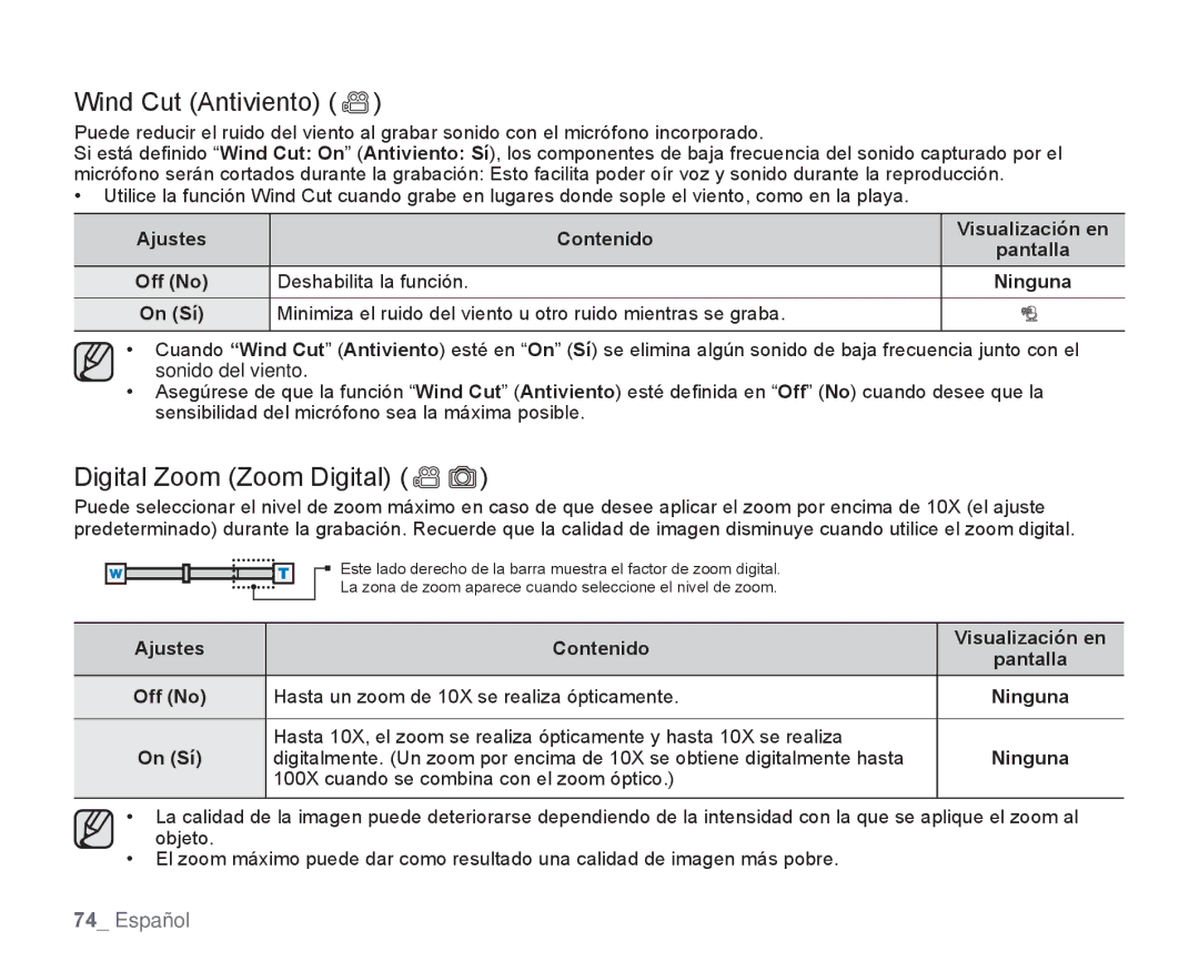 Samsung HMX-H106SN/XAA manual Wind Cut Antiviento, Digital Zoom Zoom Digital, Ajustes Contenido Visualización en 