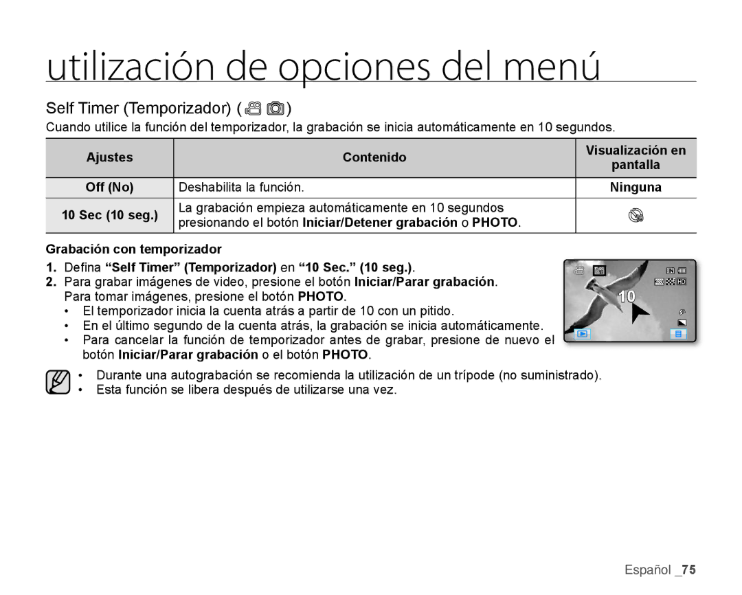 Samsung HMX-H106SN/XAA manual Self Timer Temporizador, Sec 10 seg 