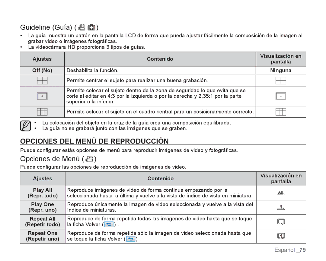 Samsung HMX-H106SN/XAA manual Guideline Guía, Opciones DEL Menú DE Reproducción, Opciones de Menú, Ajustes Contenido 