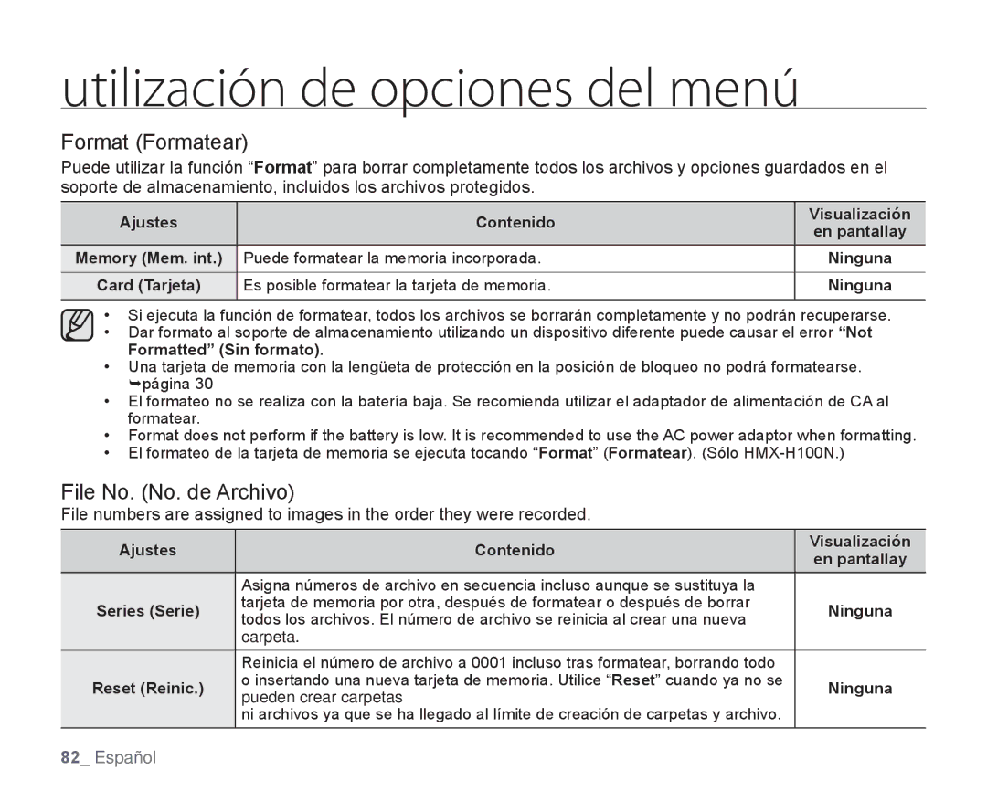 Samsung HMX-H106SN/XAA manual Format Formatear, File No. No. de Archivo, Visualización en pantallay Ninguna, Series Serie 