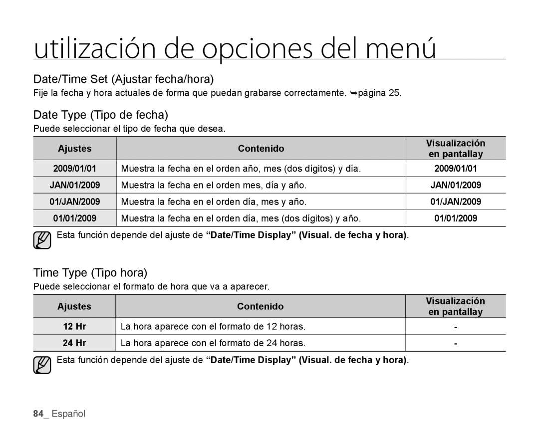 Samsung HMX-H106SN/XAA manual Date/Time Set Ajustar fecha/hora, Date Type Tipo de fecha, Time Type Tipo hora 