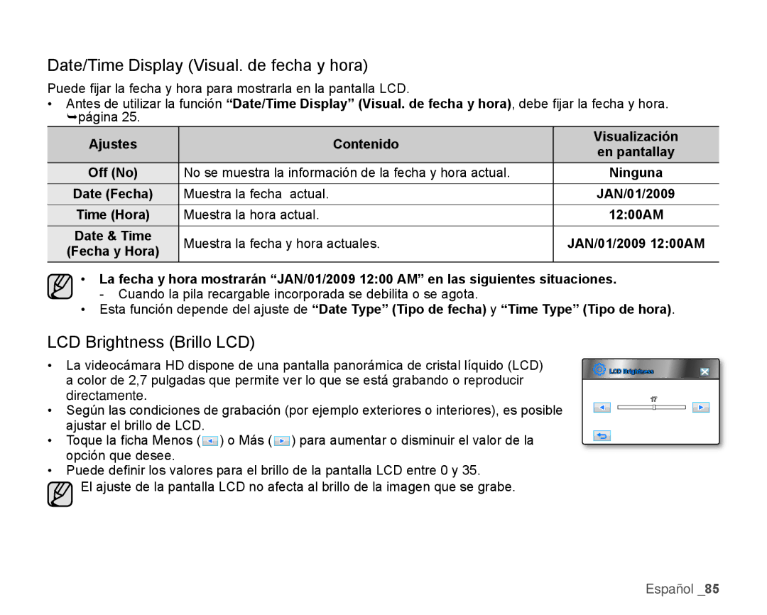 Samsung HMX-H106SN/XAA manual Date/Time Display Visual. de fecha y hora, LCD Brightness Brillo LCD 