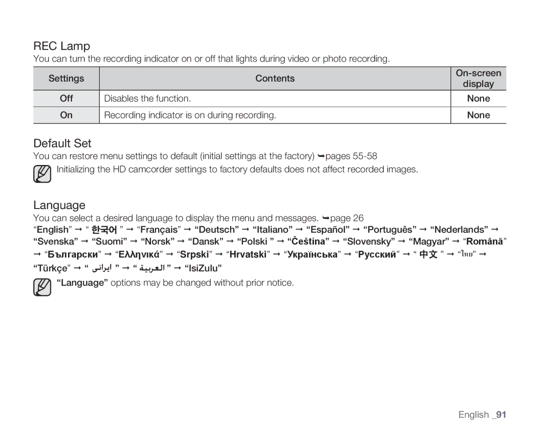 Samsung HMX-H106SN/XAA manual REC Lamp, Default Set, Language, Recording indicator is on during recording 