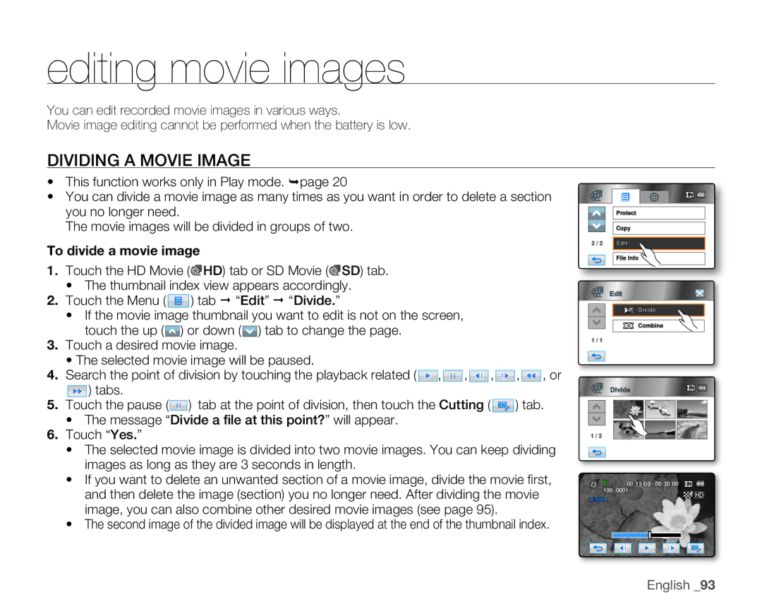 Samsung HMX-H106SN/XAA manual Editing movie images, Dividing a Movie Image 