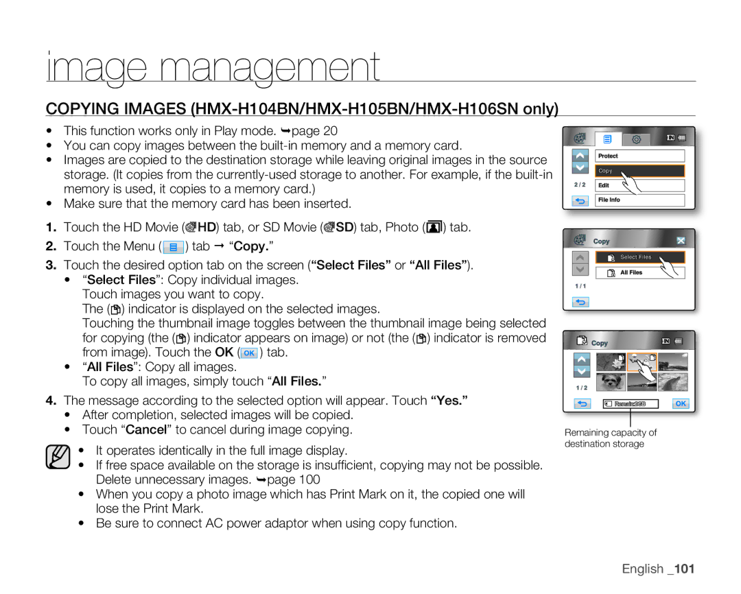 Samsung HMX-H106SN/XAA manual Copying Images HMX-H104BN/HMX-H105BN/HMX-H106SN only 