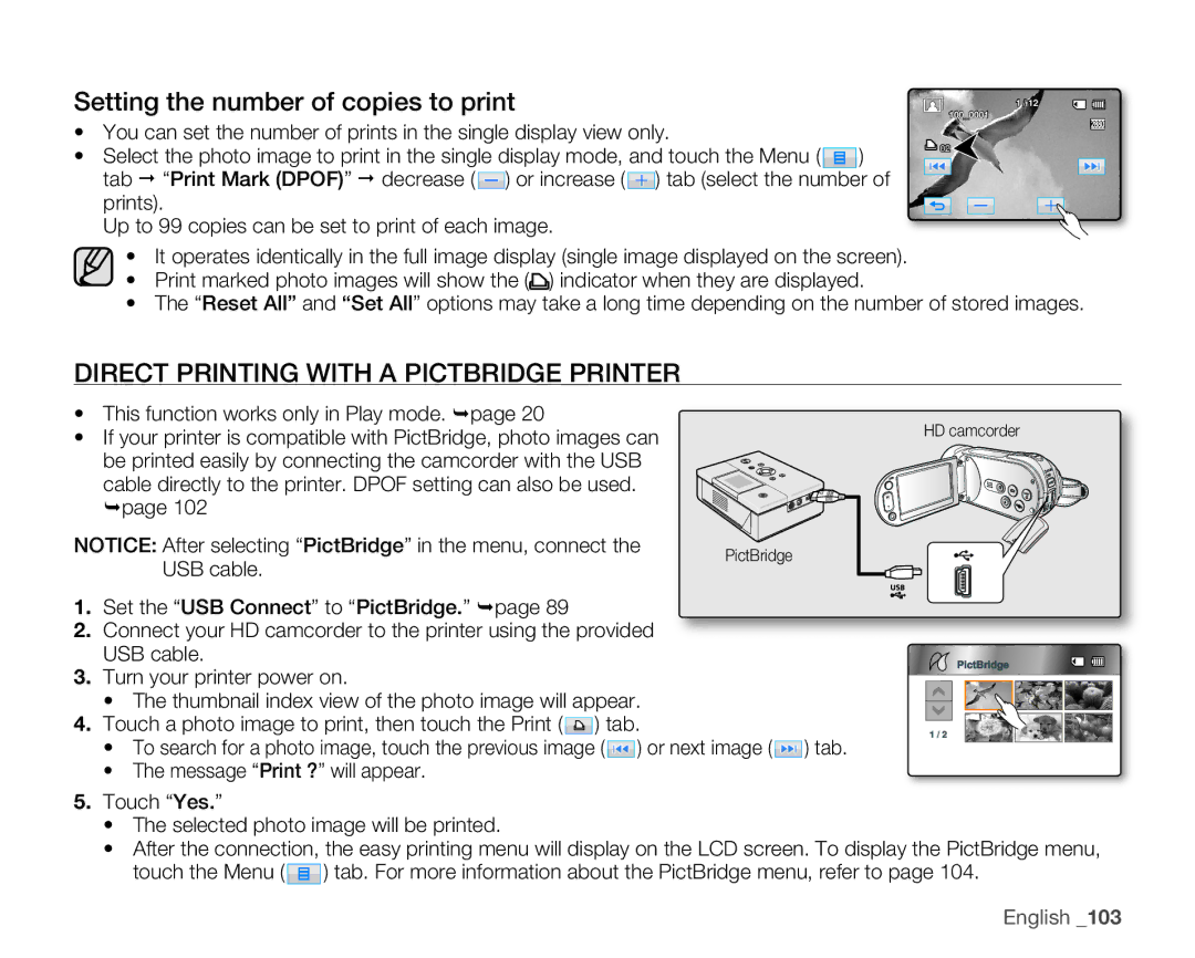 Samsung HMX-H106SN/XAA manual Setting the number of copies to print, Direct Printing with a Pictbridge Printer 