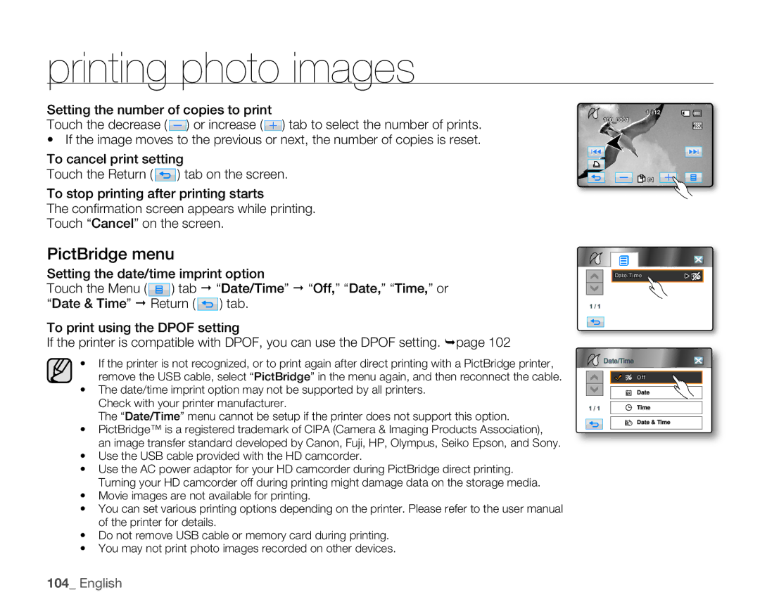 Samsung HMX-H106SN/XAA manual PictBridge menu, Use the USB cable provided with the HD camcorder 