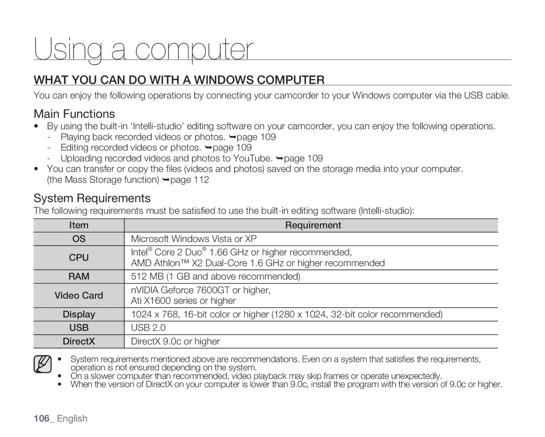 Samsung HMX-H106SN/XAA manual What YOU can do with a Windows Computer, Main Functions, System Requirements 