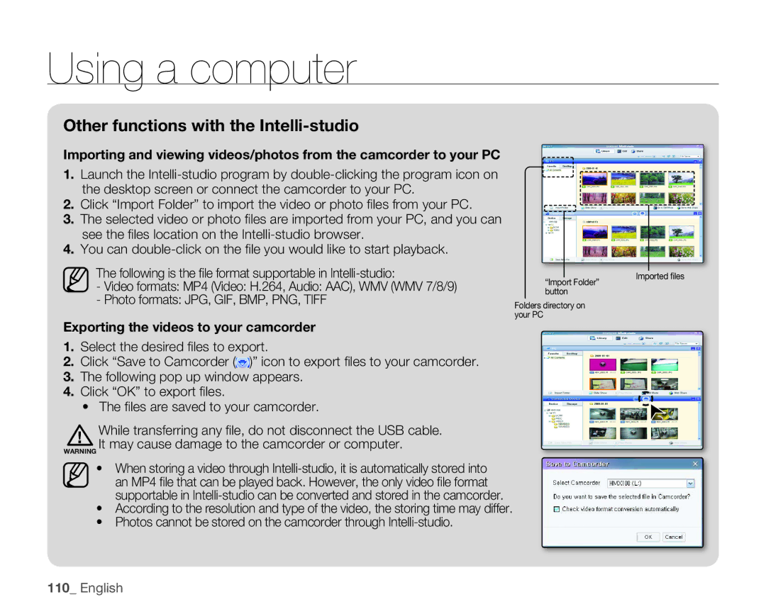 Samsung HMX-H106SN/XAA manual Other functions with the Intelli-studio 