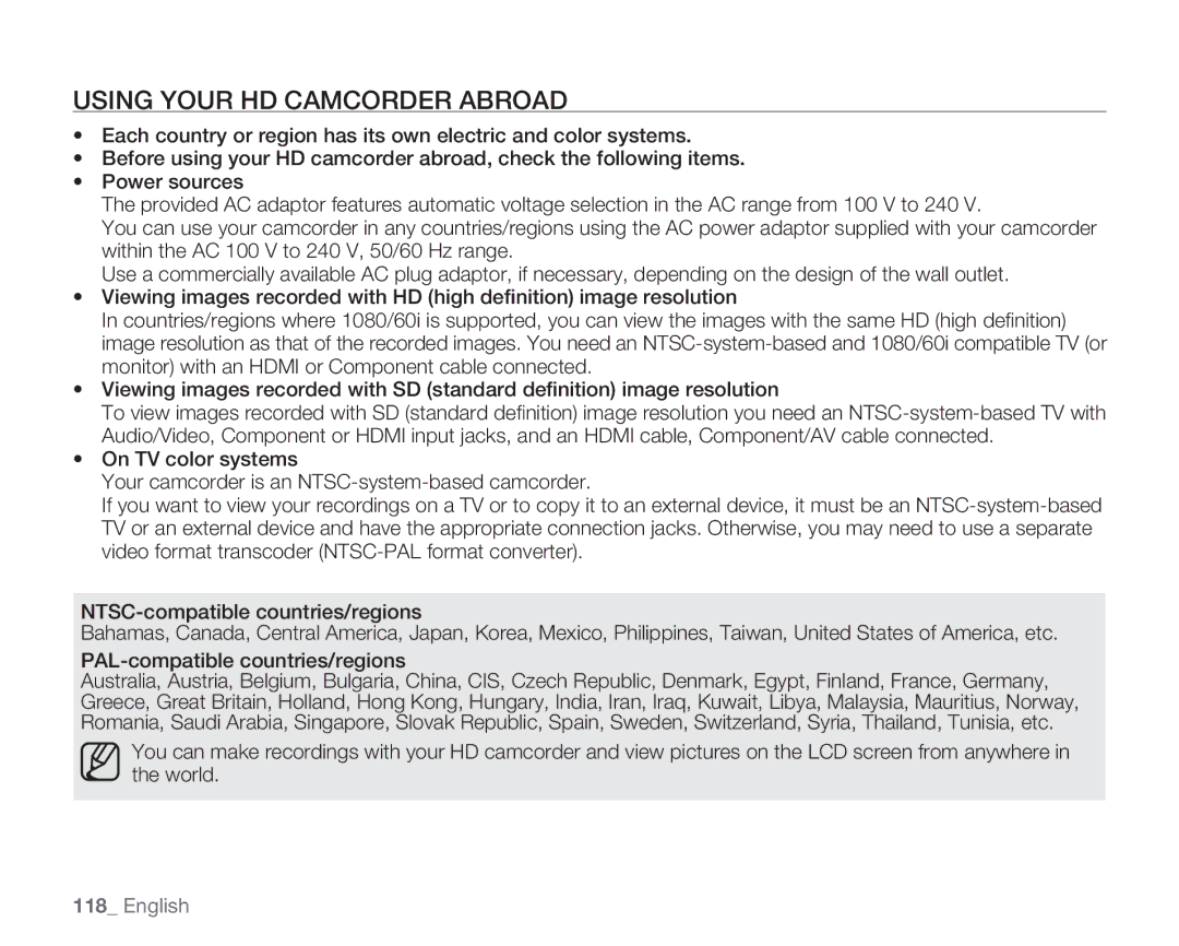 Samsung HMX-H106SN/XAA manual Using Your HD Camcorder Abroad 