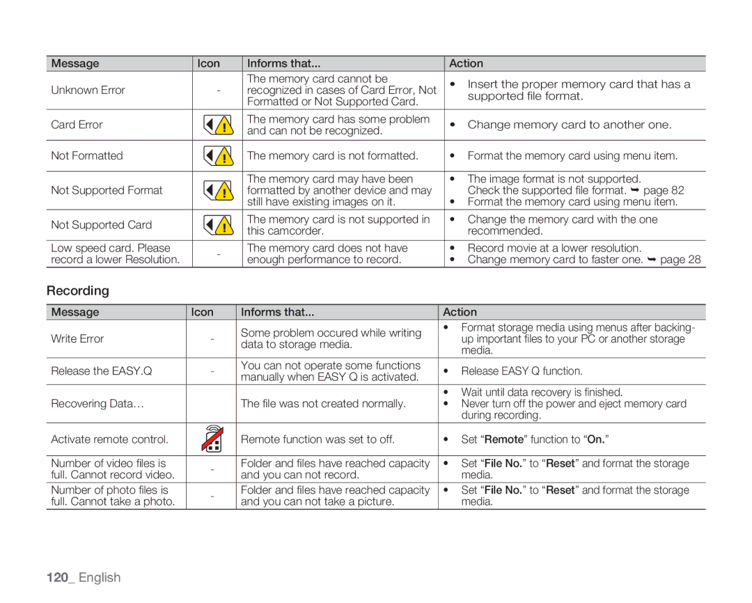 Samsung HMX-H106SN/XAA manual Recording 